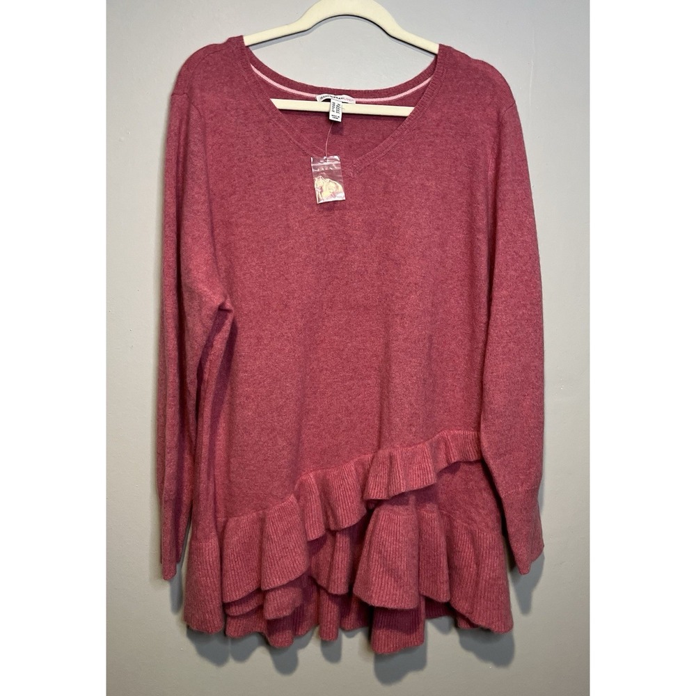 Isaac Mizrahi Live 100% Cashmere Ruffle Peplum Pullover Sweater Size 2X Pink NEW